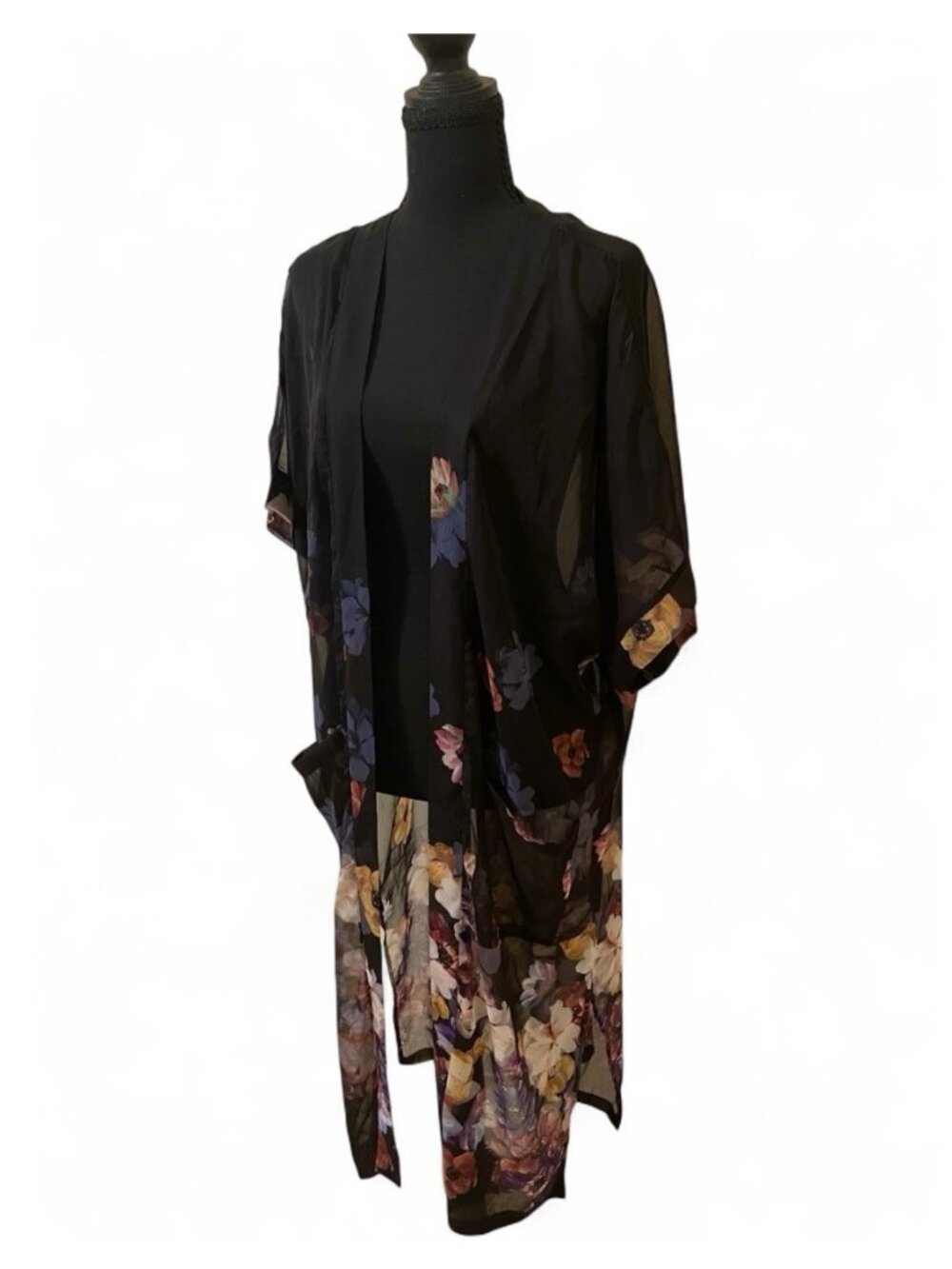Sheer Floral Black Kimono Lightweight Duster Colorful Robe Pockets Rachel Zoe OS